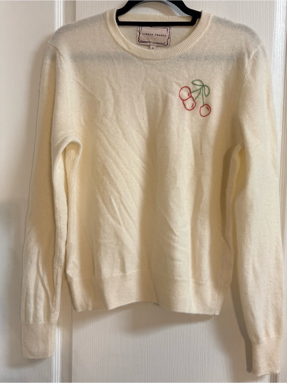 L'Agence Cream Crewneck Sweater with Cherry Embroidery